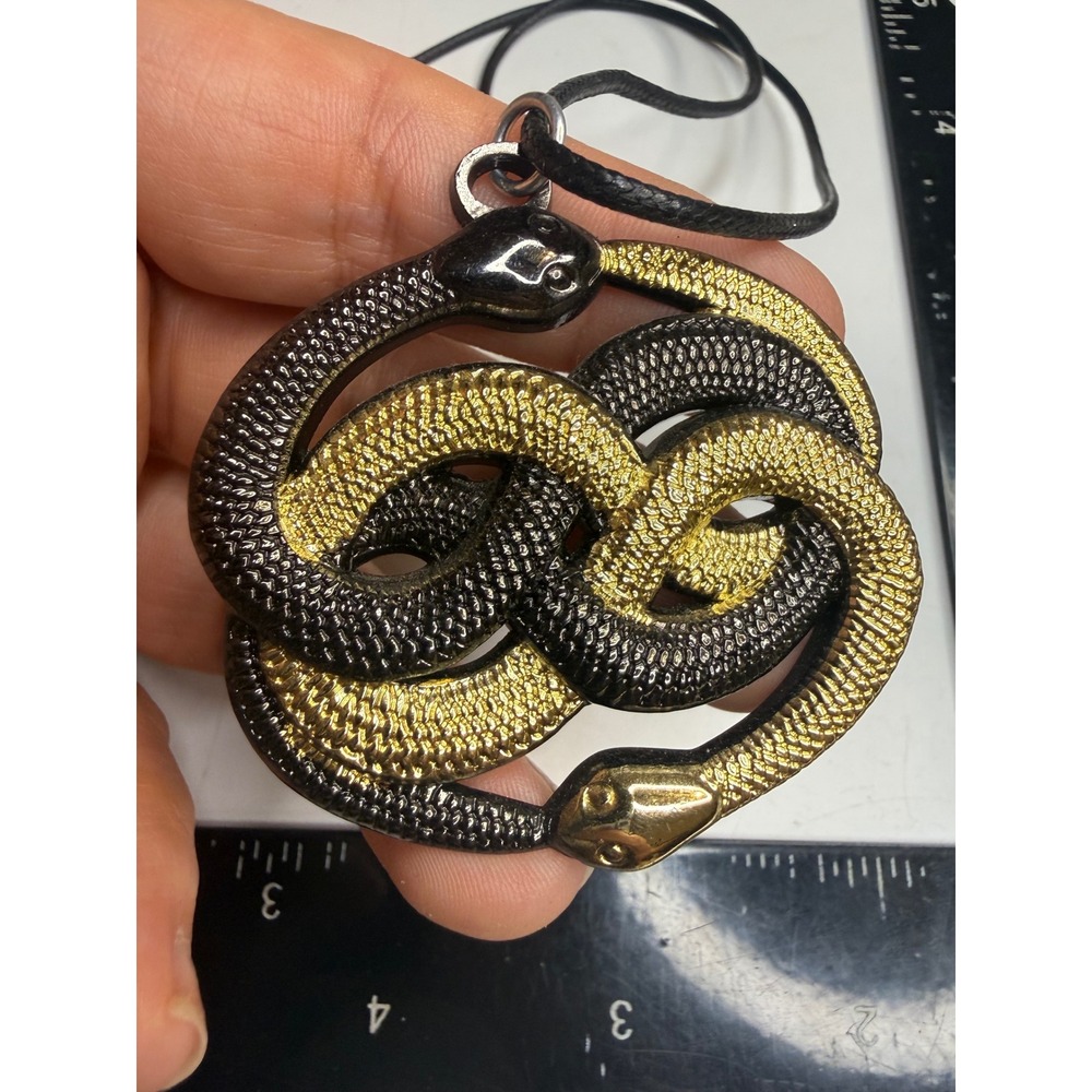 Double Intertwined Snake Pendant Necklace Black Gold Tone Textured Serpent Cord